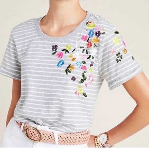 Anthropologie Gray and White Embellished Short Sleeve Tee - Picture 2 of 6